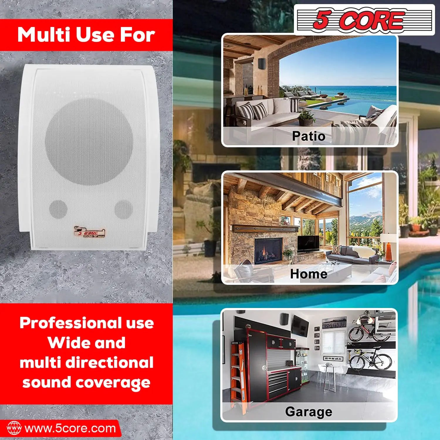 5Core Outdoor Speakers Stereo In Wall 100W Peak Passive Home Audio System - P's One-Stop Shop 