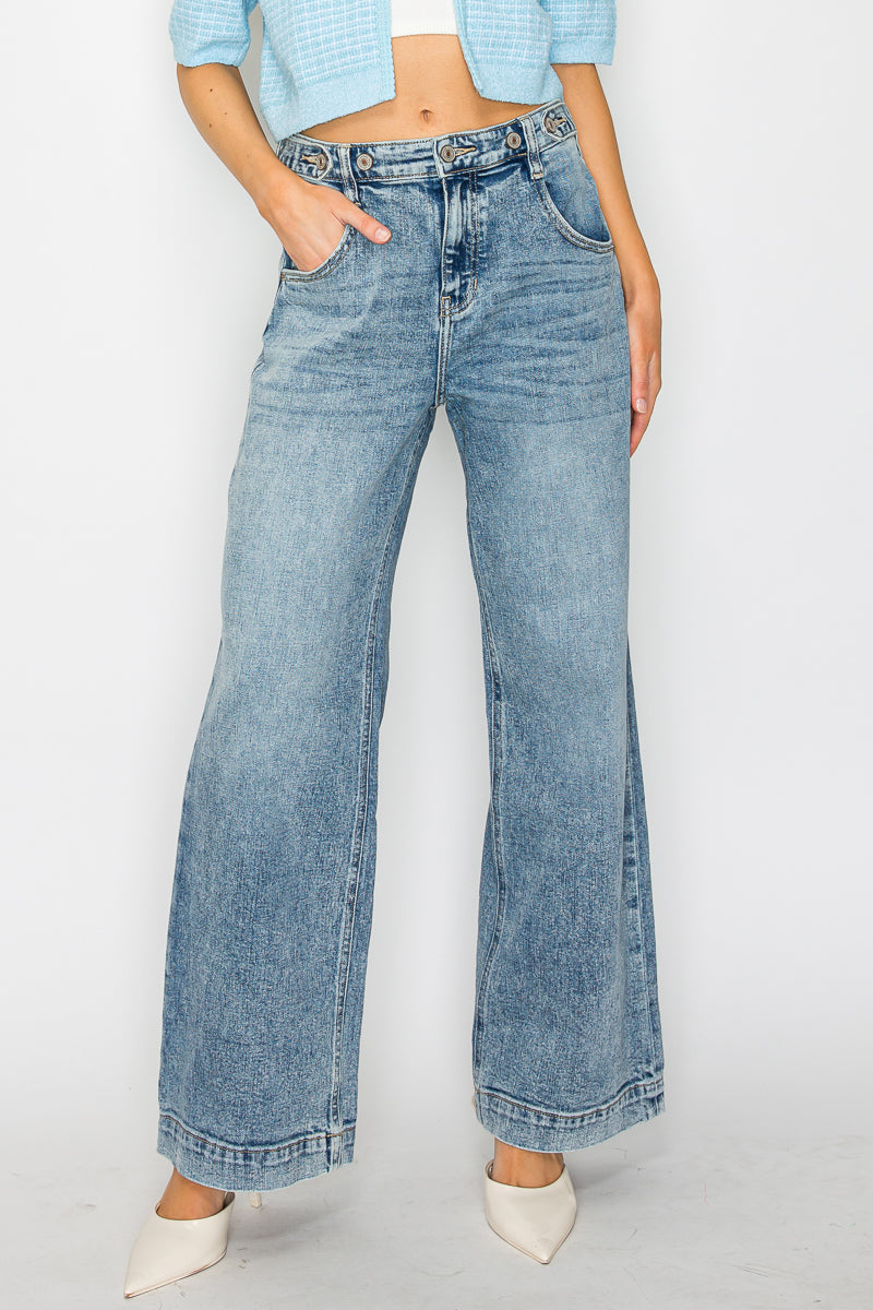 Adjustable Waistband High Rise Baggy Wide Jeans - P's One-Stop Shop 