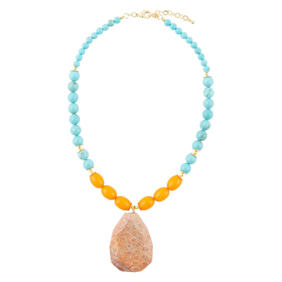 Apricot Fossil Blue Magnesite Golden Pendant Necklace - P's One-Stop Shop 