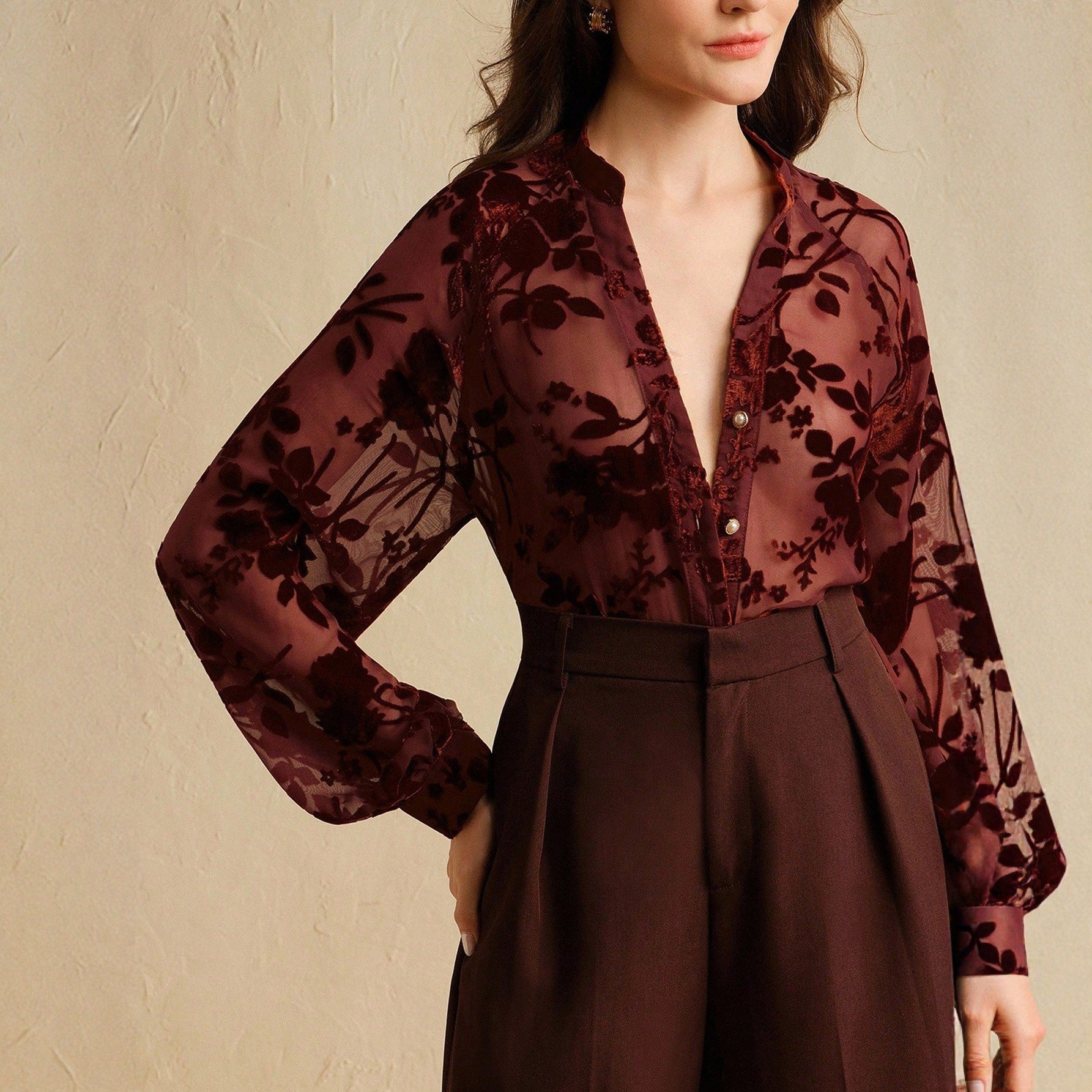 Autumn Women Clothing Elegant Tencel Flocking Shirt Long Sleeve - P's One-Stop Shop 