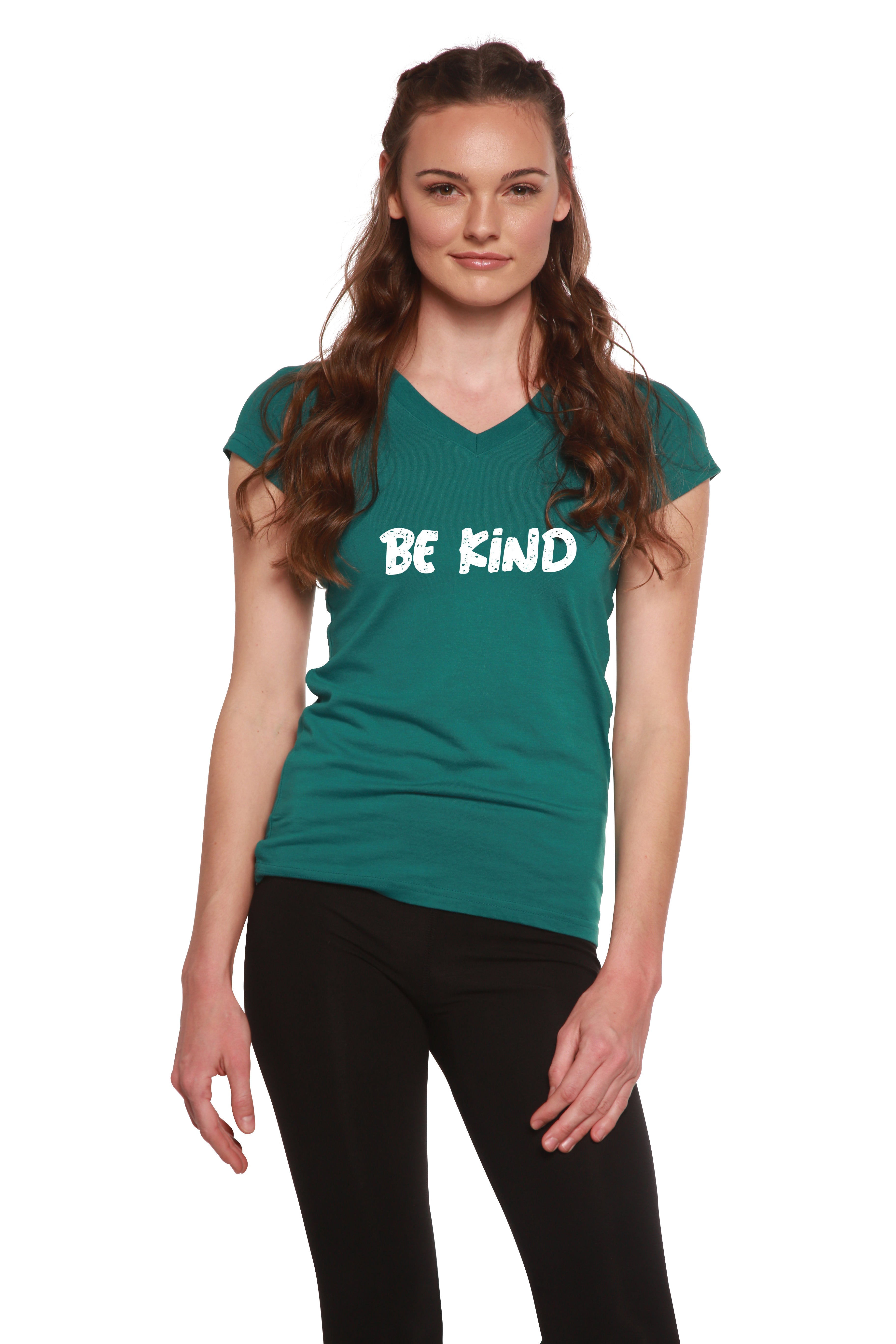 Be Kind Printed Women's Bamboo Viscose/Cotton V-Neck Cap Sleeve T-Shirt - P's One-Stop Shop 