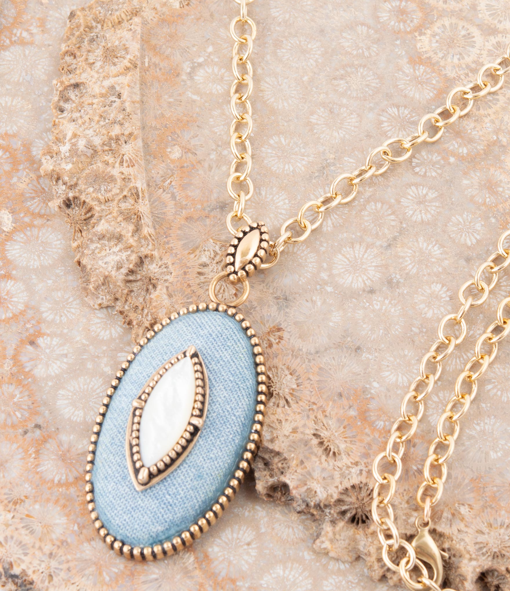 Blue Denim Dreams White Mother of Pearl Golden Pendant Necklace - P's One-Stop Shop 