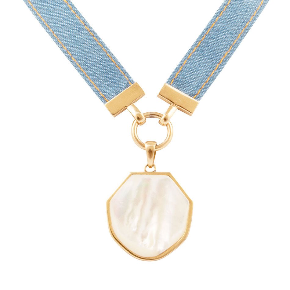 Blue Denim Dreams White Mother of Pearl Ribbon Golden Pendant Necklace - P's One-Stop Shop 