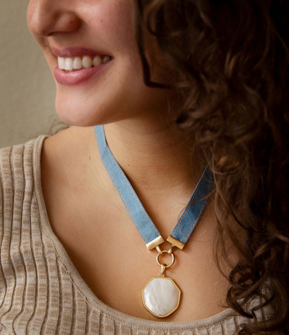 Blue Denim Dreams White Mother of Pearl Ribbon Golden Pendant Necklace - P's One-Stop Shop 