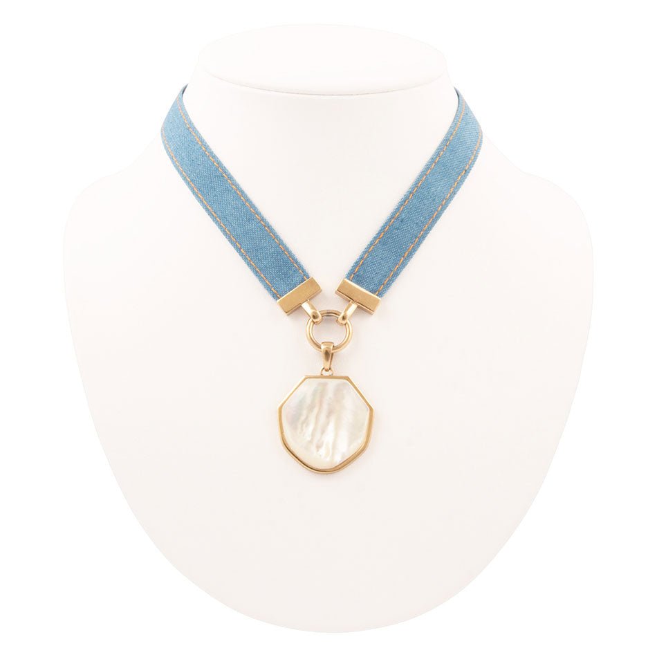 Blue Denim Dreams White Mother of Pearl Ribbon Golden Pendant Necklace - P's One-Stop Shop 