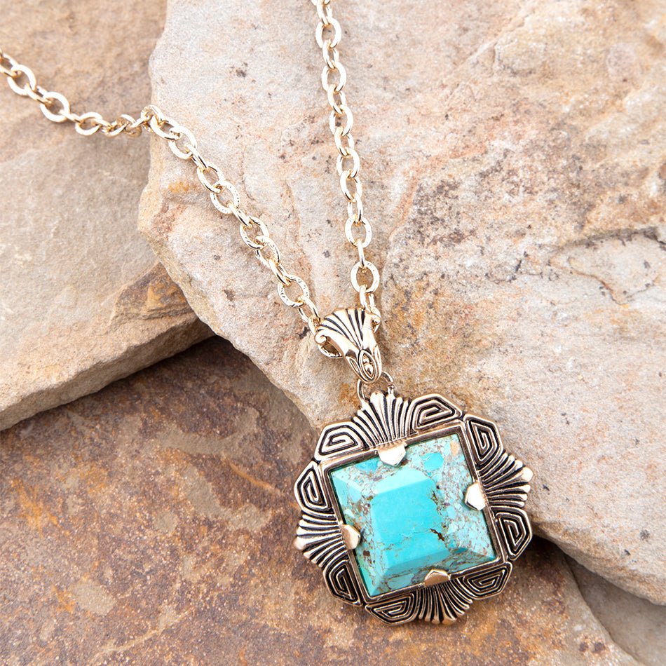 Blue Turquoise Square Golden Pendant Necklace - P's One-Stop Shop 