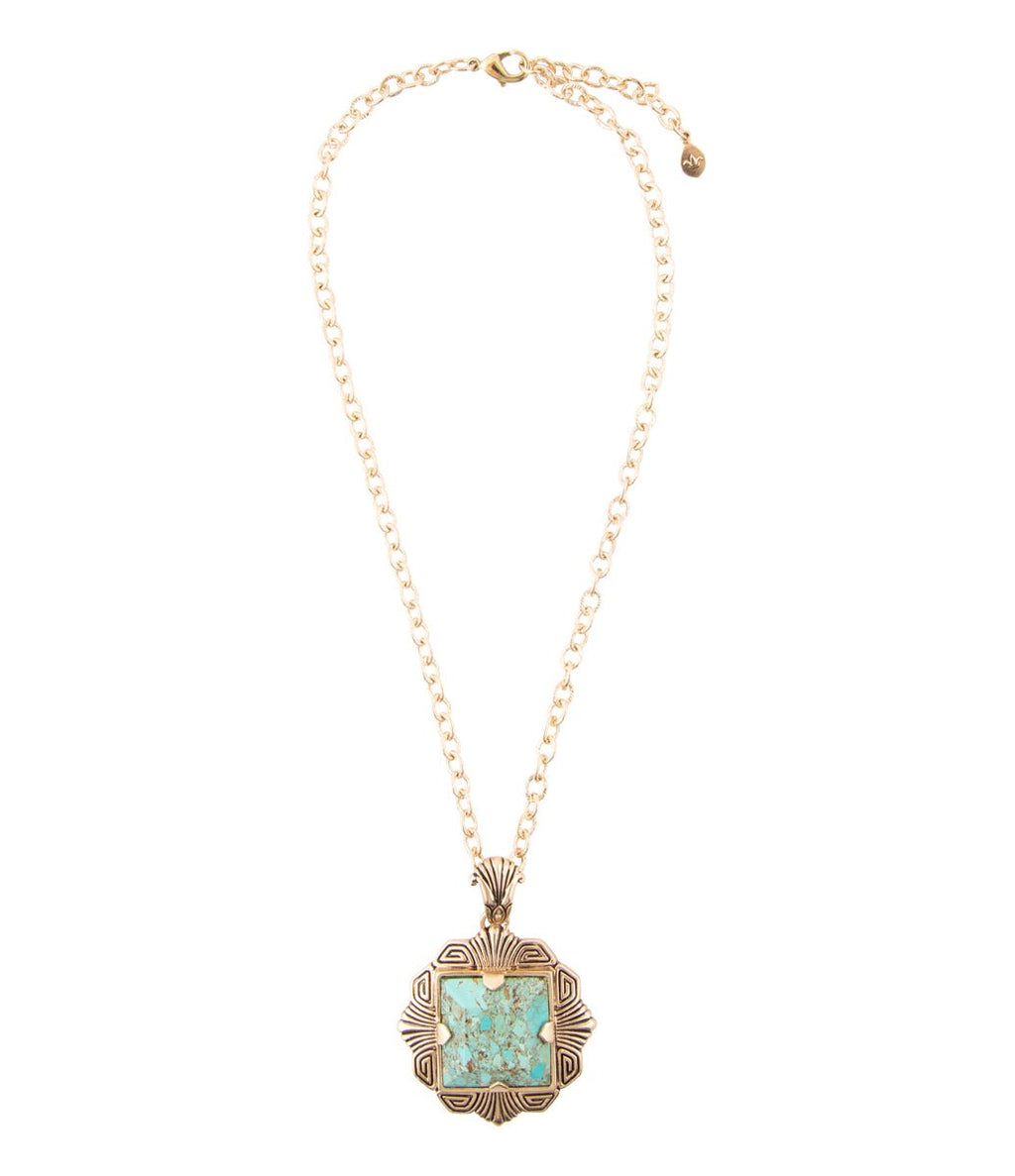 Blue Turquoise Square Golden Pendant Necklace - P's One-Stop Shop 