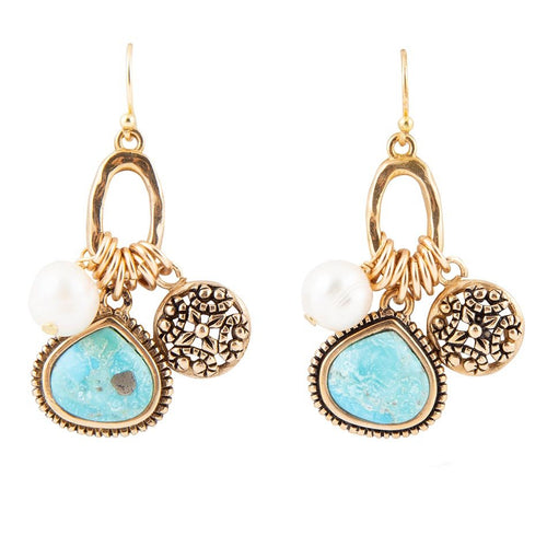 Blue Turquoise and White Pearl Multi Charm Golden Charm Earrings - P's One-Stop Shop 
