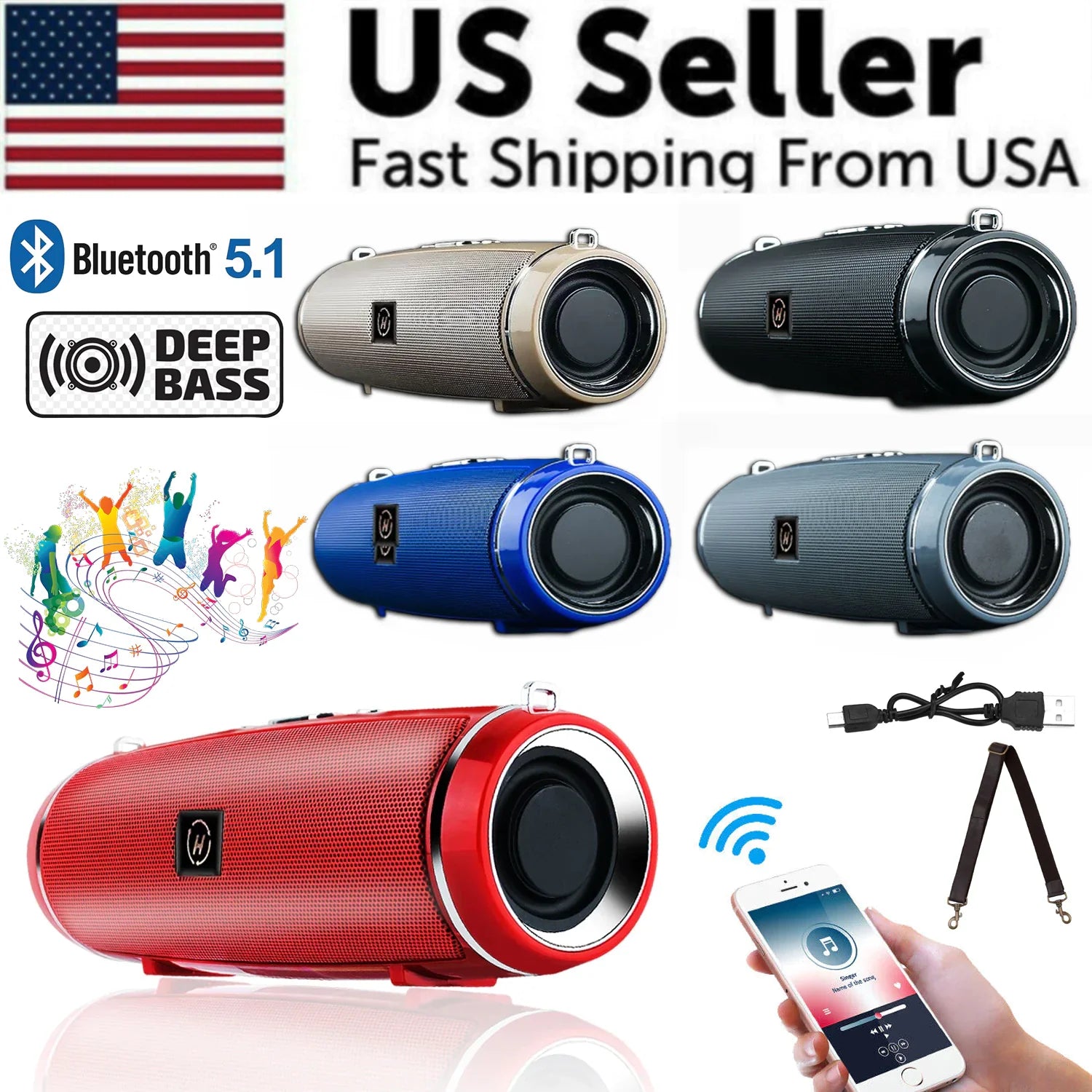 Bluetooth 5.1 Speaker Wireless Waterproof Outdoor Stereo LOUD Bass USB/TF Strap - P's One-Stop Shop 