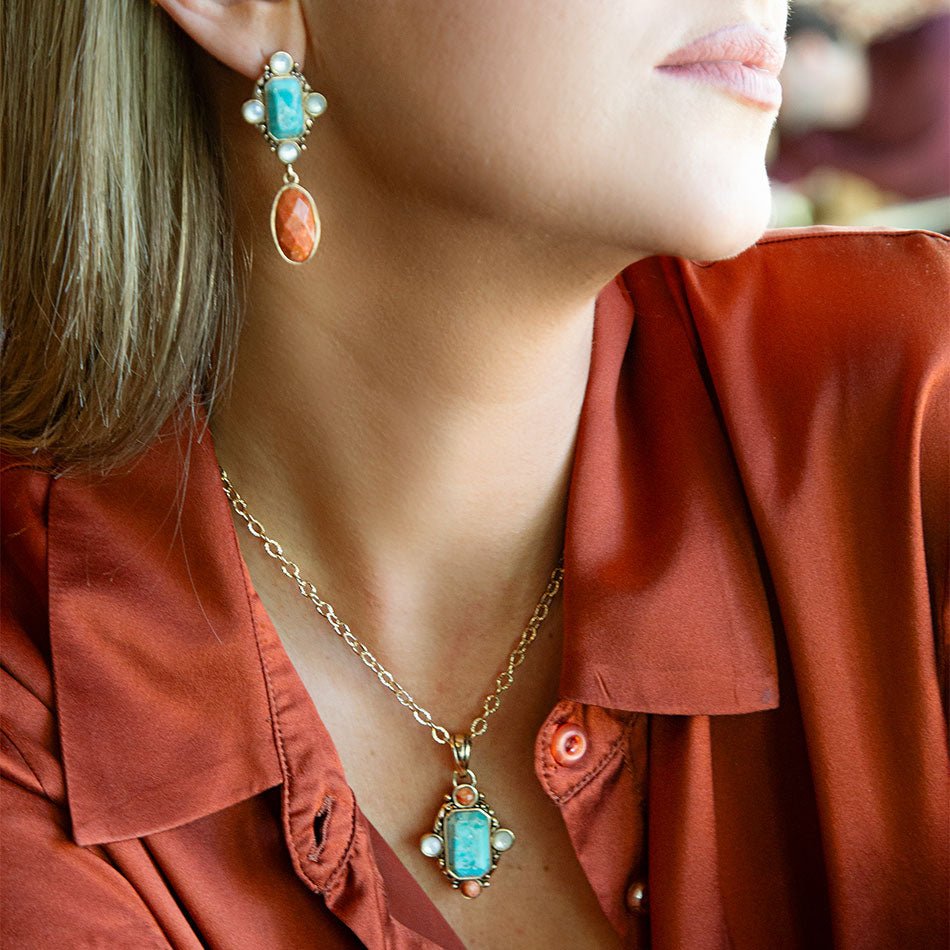 Champs Blue Turquoise and Orange Coral Golden Pendant Necklace - P's One-Stop Shop 