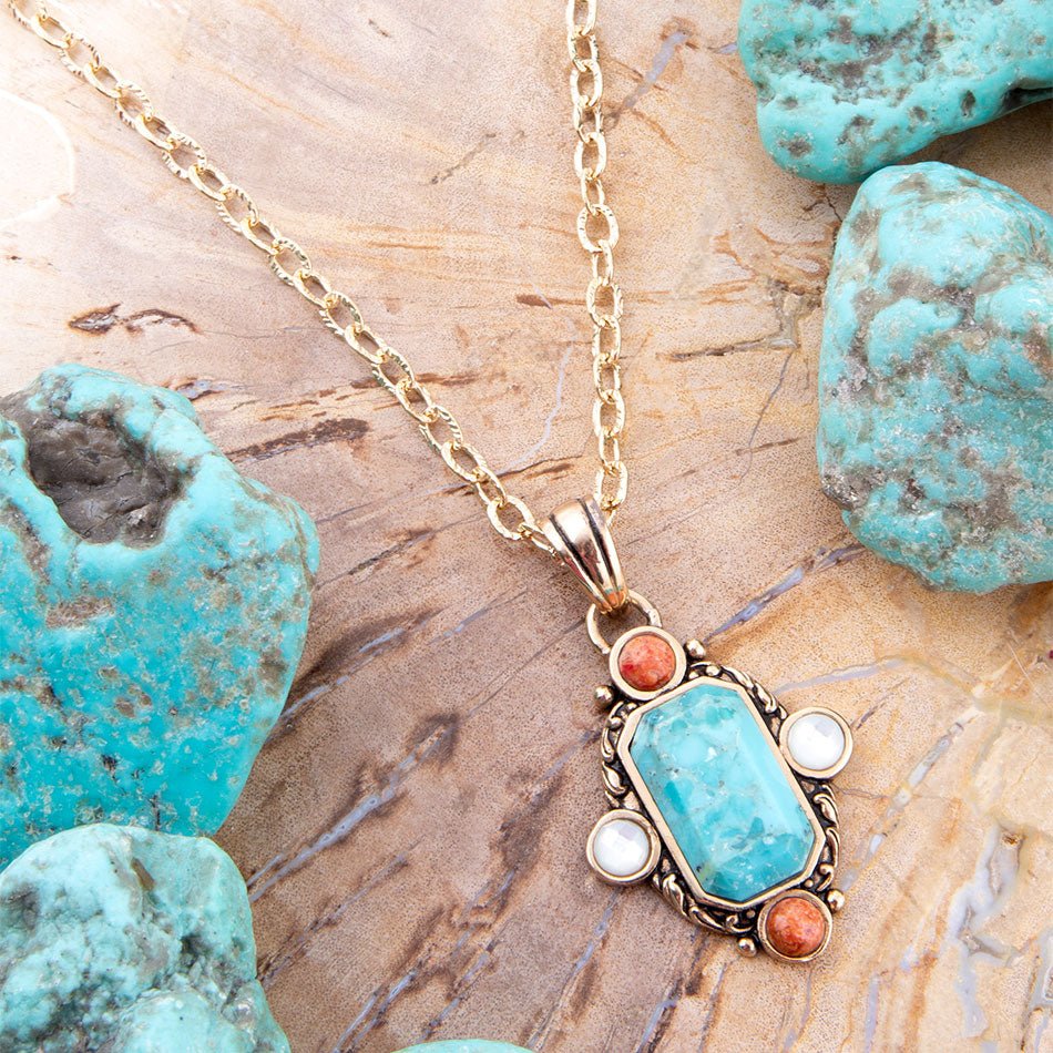 Champs Blue Turquoise and Orange Coral Golden Pendant Necklace - P's One-Stop Shop 