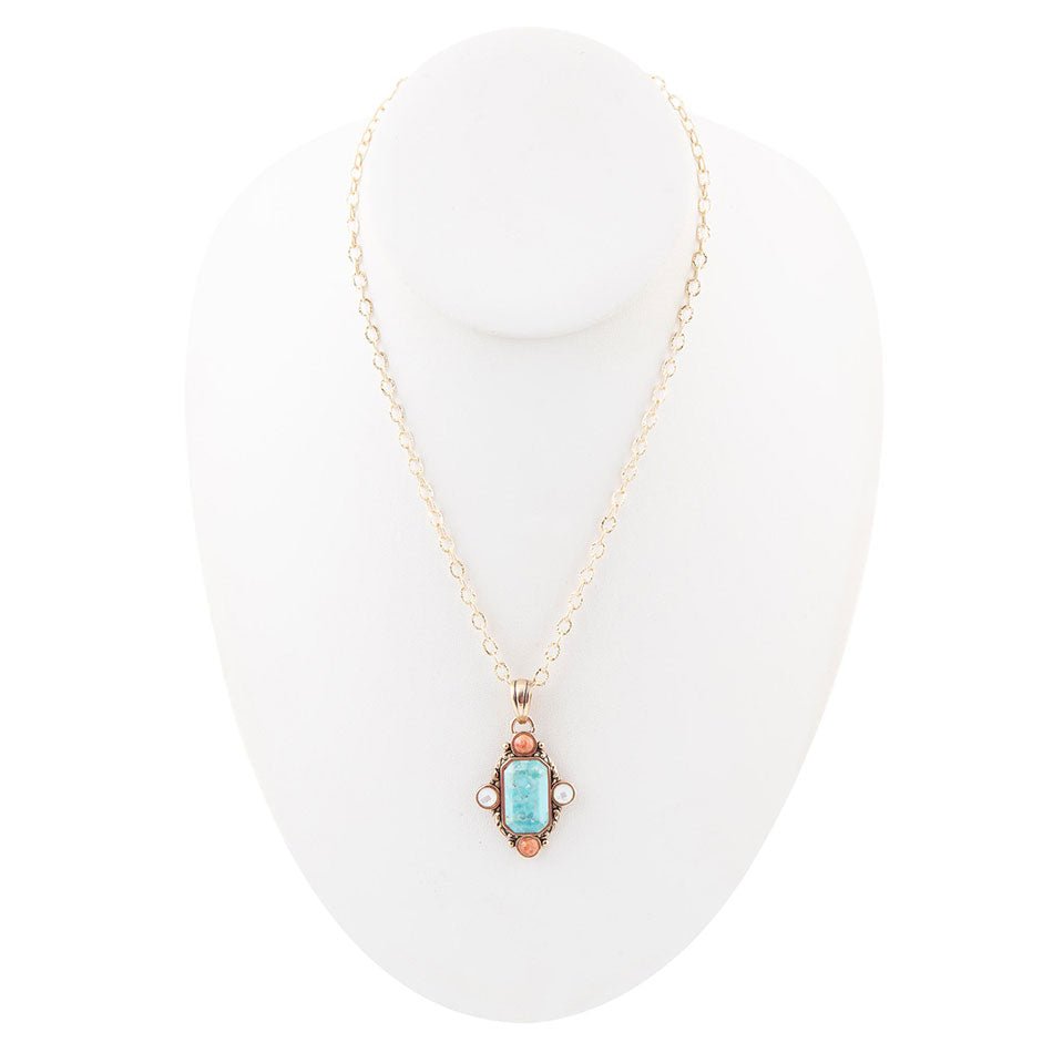 Champs Blue Turquoise and Orange Coral Golden Pendant Necklace - P's One-Stop Shop 
