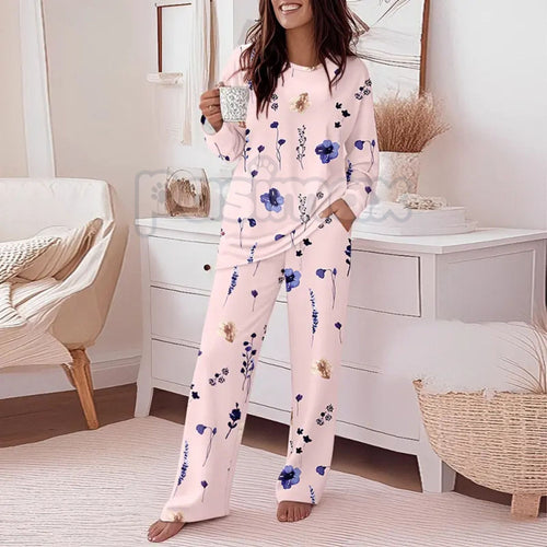 ChicMe Women's Floral Print Lounge Set - Long Sleeve Top & Casual Pants with Pockets, Comfortable Home Wear - P's One-Stop Shop 