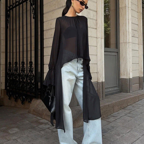 Chiffon Shirt Women Black Mesh Irregular Asymmetric Niche Design round Neck Ruffle Sleeve Long Sleeve Top - P's One-Stop Shop 