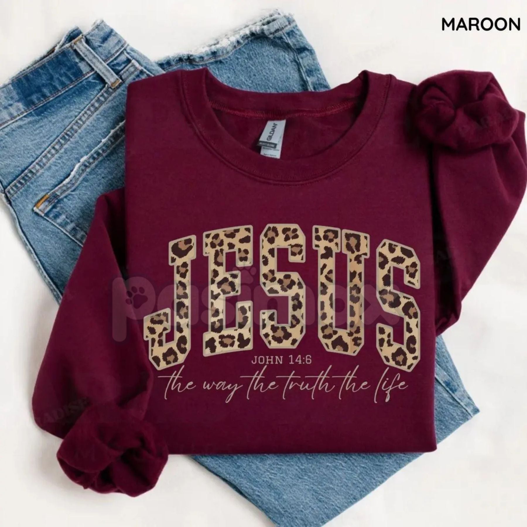 Christian Jesus Leopard Sweatshirt | Cheetah Print Faith Crewneck | Modern Bible Verse Shirt for Women - P's One-Stop Shop 