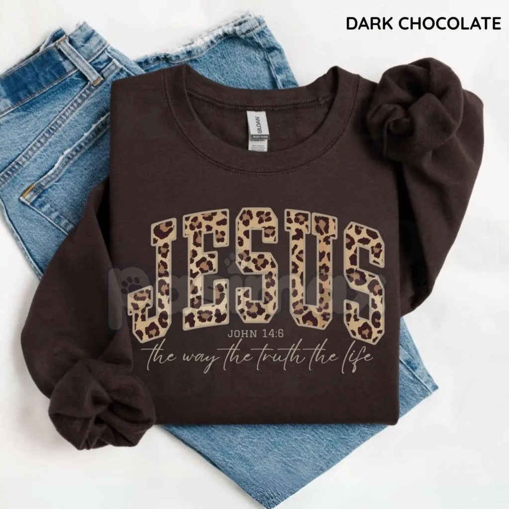 Christian Jesus Leopard Sweatshirt | Cheetah Print Faith Crewneck | Modern Bible Verse Shirt for Women - P's One-Stop Shop 