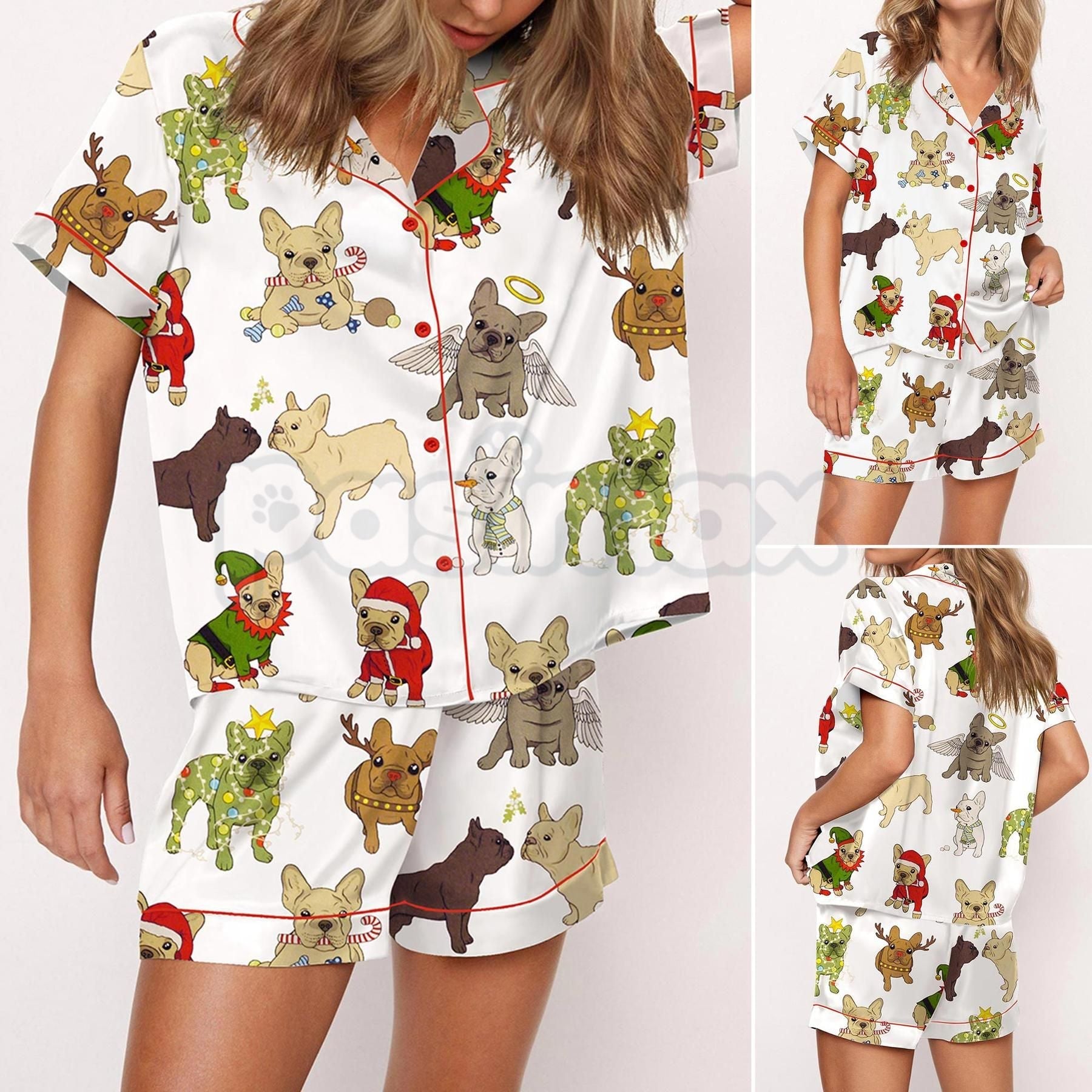 Christmas French Bulldog Satin Pajama Set for Women - Comfy Silky Sleepwear & Loungewear PJs - P's One-Stop Shop 