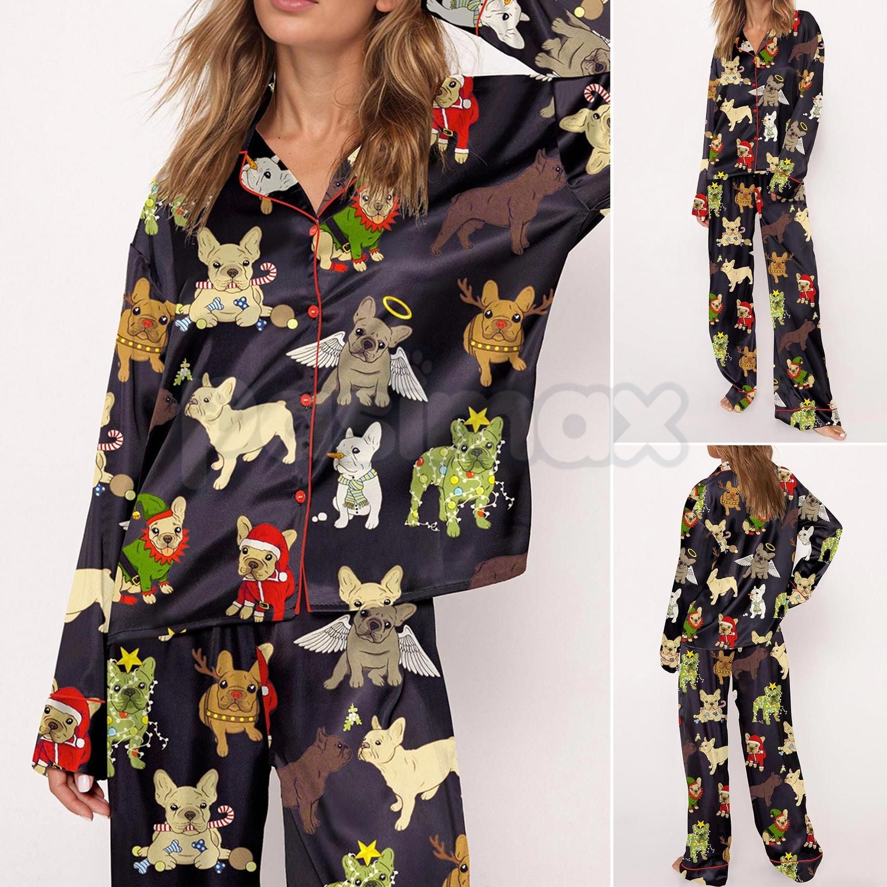 Christmas French Bulldog Satin Pajama Set for Women - Comfy Silky Sleepwear & Loungewear PJs - P's One-Stop Shop 