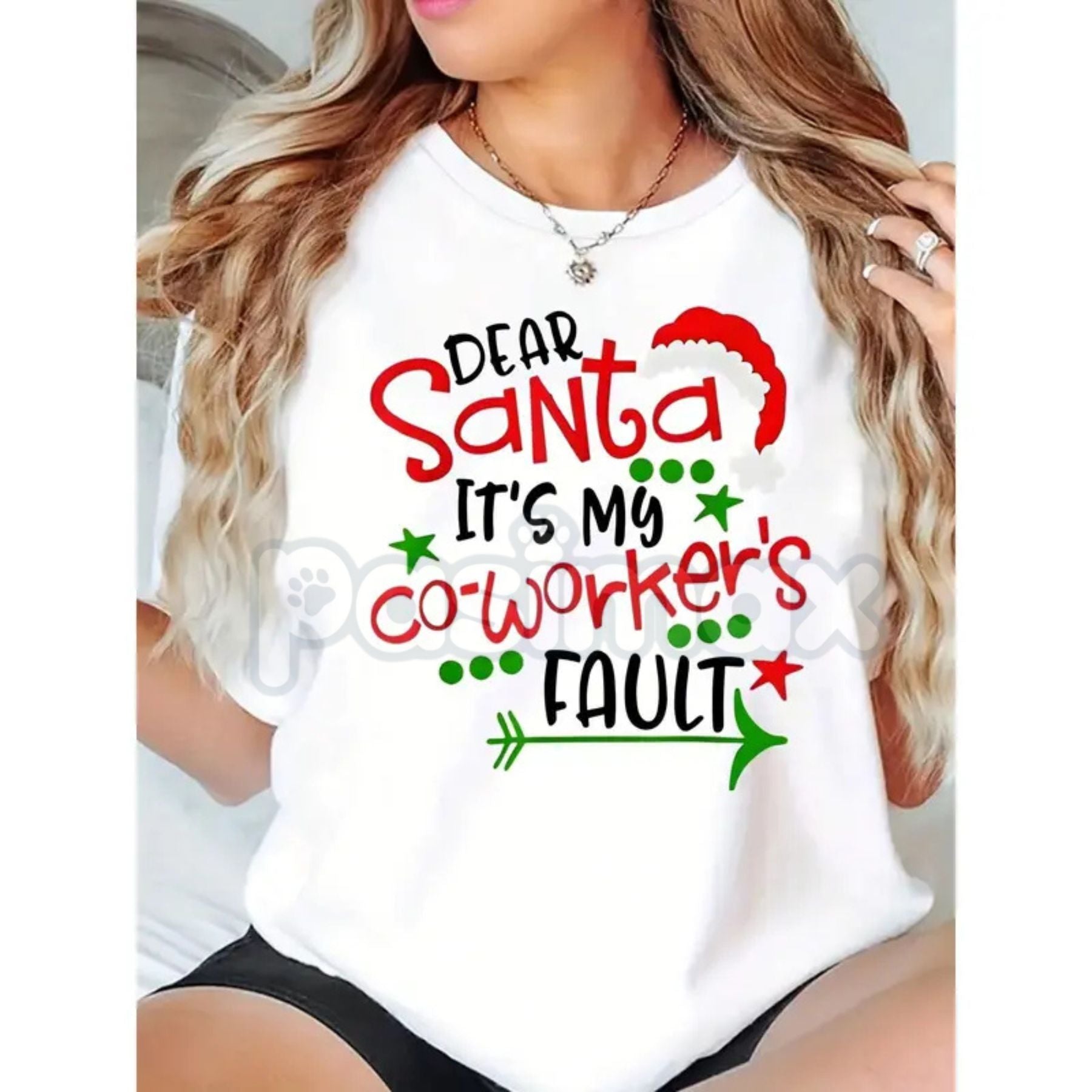"Dear Santa It's My Coworker's Fault" T-Shirt - Funny Office Christmas Gift Women Plus Size, Santa Hat Print Holiday Tee, Workplace Humor Apparel - P's One-Stop Shop 