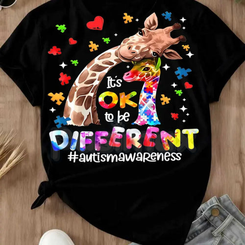 "Different is Beautiful" Artistic Giraffe T-Shirt – Autism Awareness Hearts & Puzzle Print, Premium 100% Cotton Neurodiversity Top, Soft Lived-In Heavyweight Women's Advocacy Wear, Made in USA - P's One-Stop Shop 