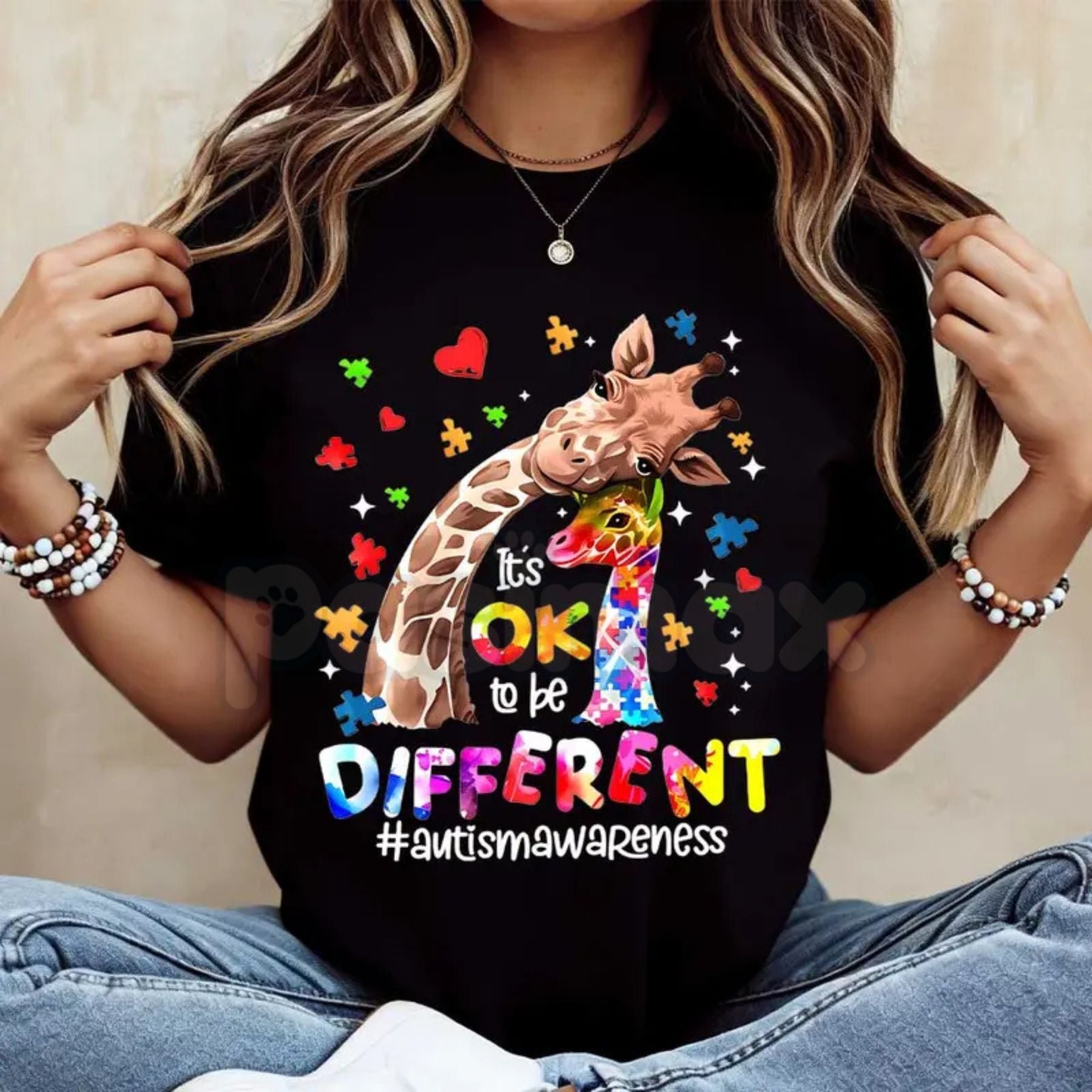 "Different is Beautiful" Artistic Giraffe T-Shirt – Autism Awareness Hearts & Puzzle Print, Premium 100% Cotton Neurodiversity Top, Soft Lived-In Heavyweight Women's Advocacy Wear, Made in USA - P's One-Stop Shop 