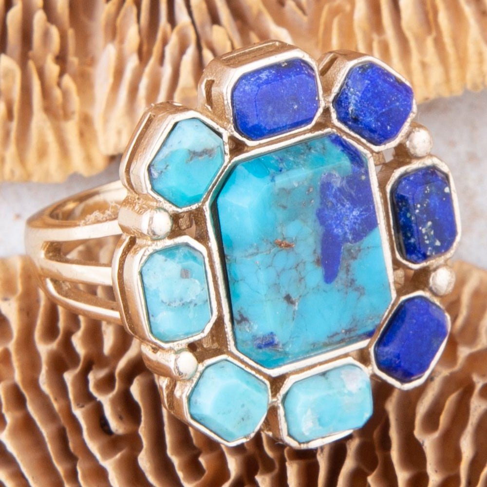 Duality Blue Lapis and Turquoise Golden Statement Ring - P's One-Stop Shop 