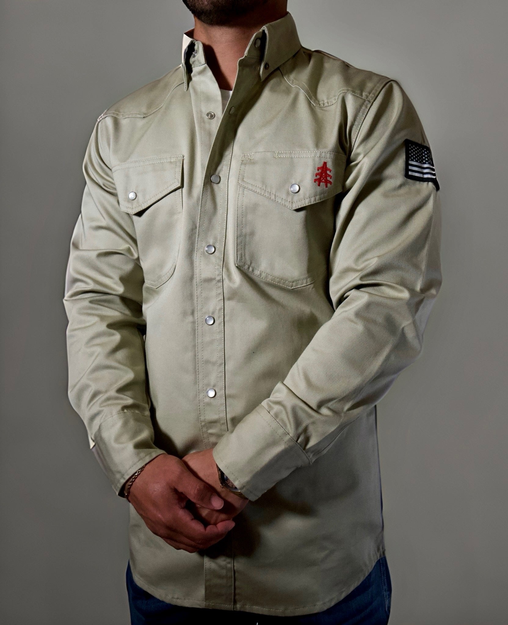 FR Western Style Pearl Snap - Khaki - P's One-Stop Shop 