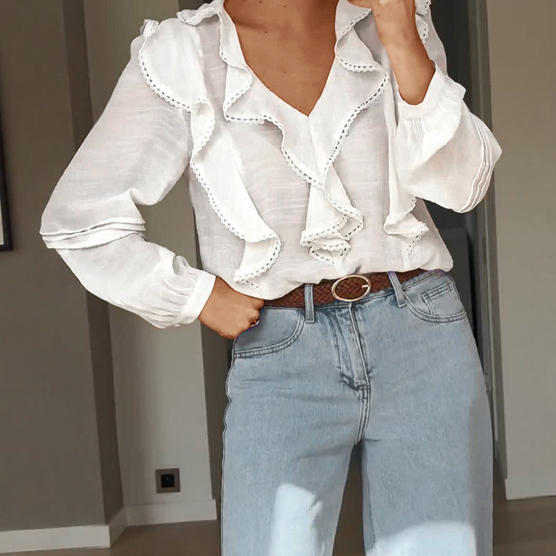 Fall French Pastoral Top Lace Ruffled V neck White Shirt Women - P's One-Stop Shop 