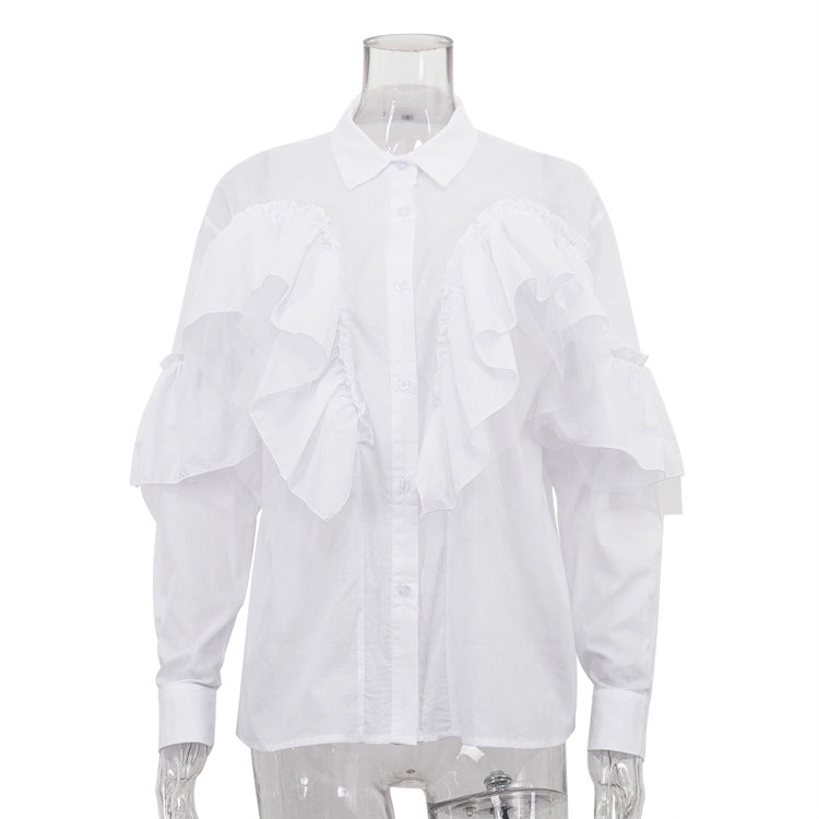 French Design Ruffled White Shirt Women Autumn Polo Collar Long Sleeve Office All Match Top - P's One-Stop Shop 