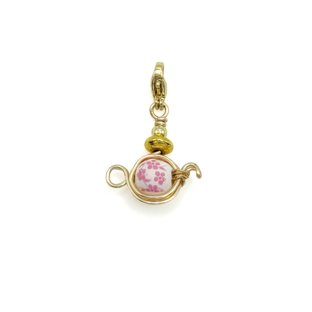 Gold-Accent White Ceramic Teapot Charm with Pink Floral Design - P's One-Stop Shop 