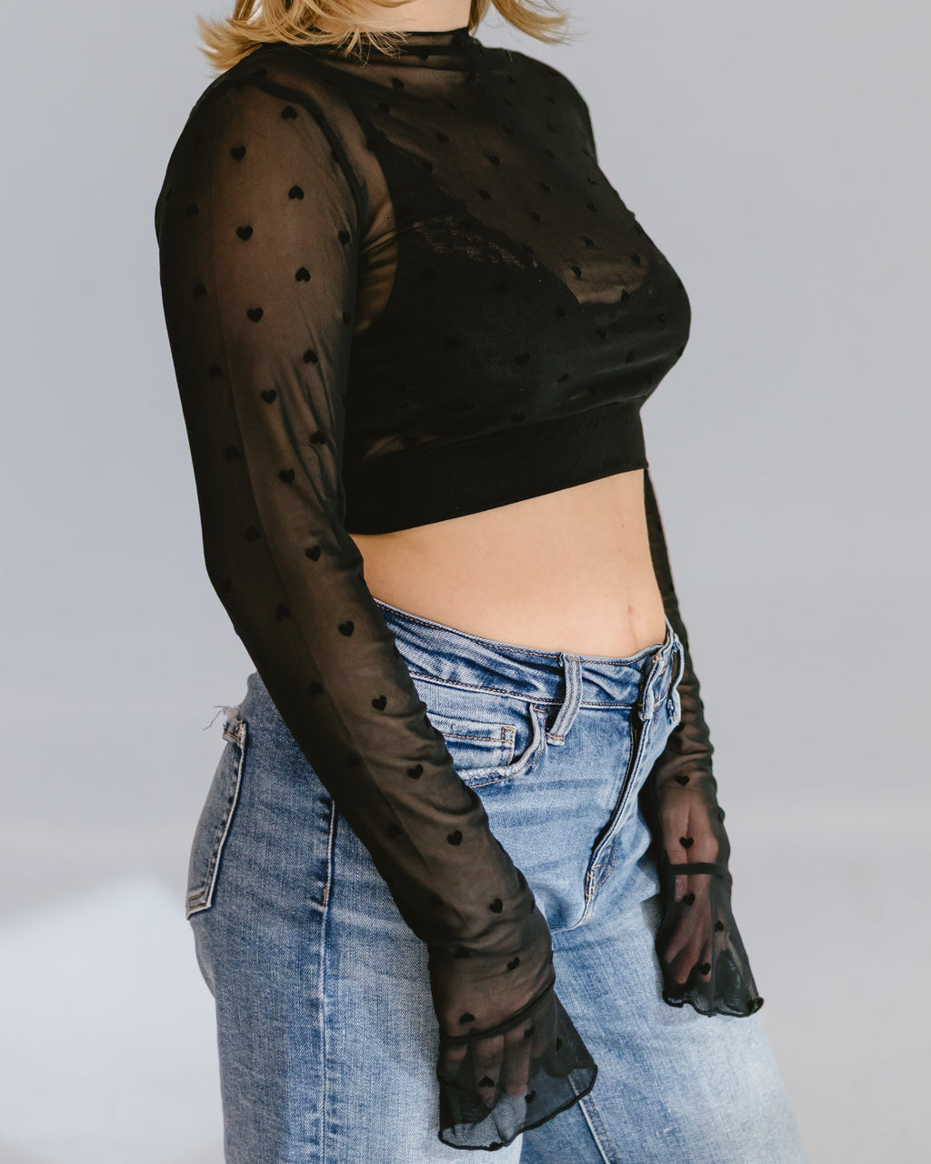 Heart Mesh Mock Neck Halftee - P's One-Stop Shop 