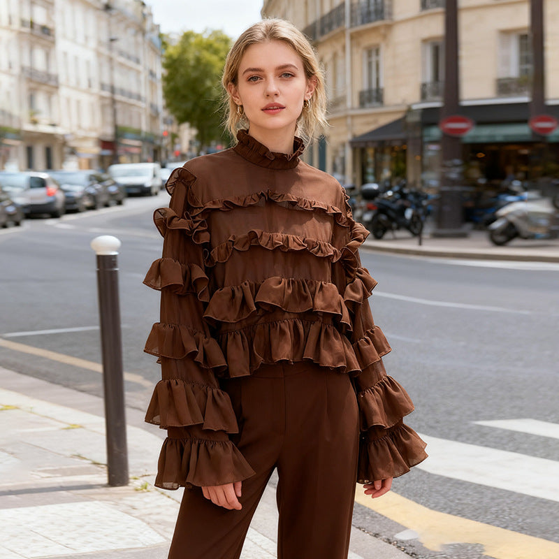 Korean Personalized Comfortable Ruffled Shirt Autumn Niche Design Solid Color Loose Top for Women - P's One-Stop Shop 
