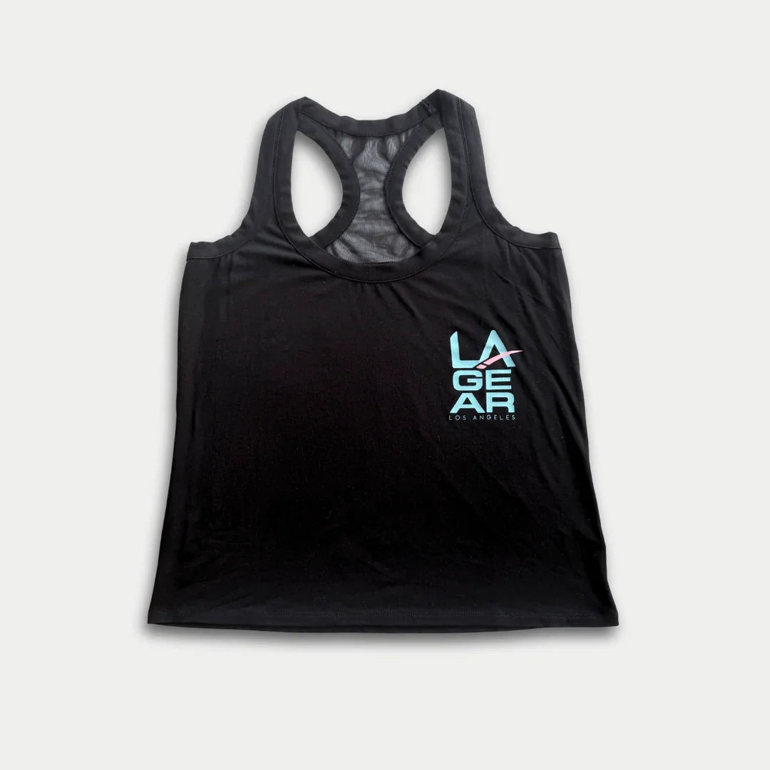 LA Gear Women’s Racerback Tank | Black with Aqua x Pink Logo - P's One-Stop Shop 