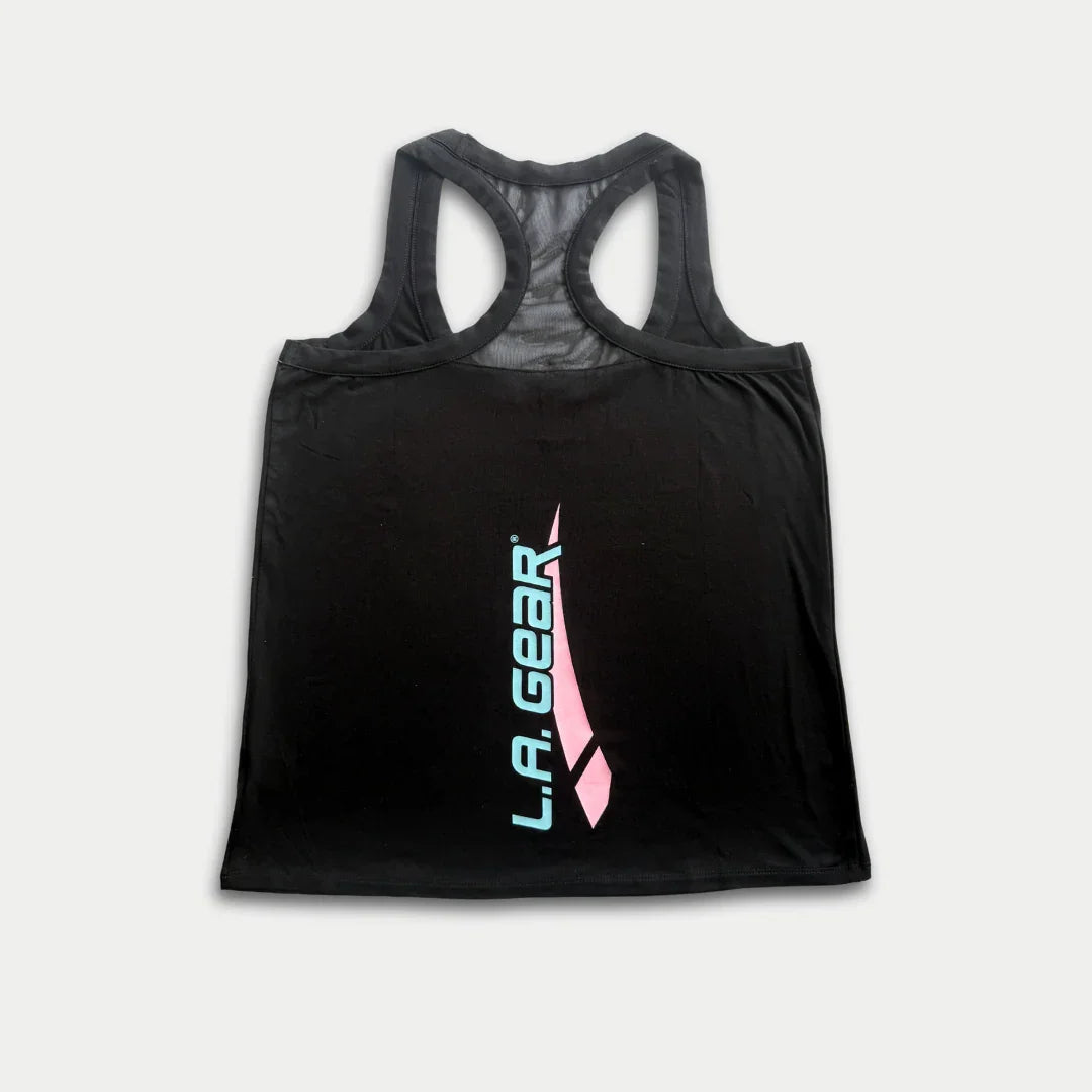 LA Gear Women’s Racerback Tank | Black with Aqua x Pink Logo - P's One-Stop Shop 
