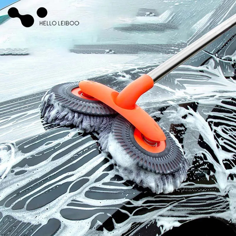 LEIBOO Car Washer Mop Foam Wash Chenille Brush Double Brush Head Roof Window Cleaning Maintenance Three-Section Telescopic Mop - P's One-Stop Shop 