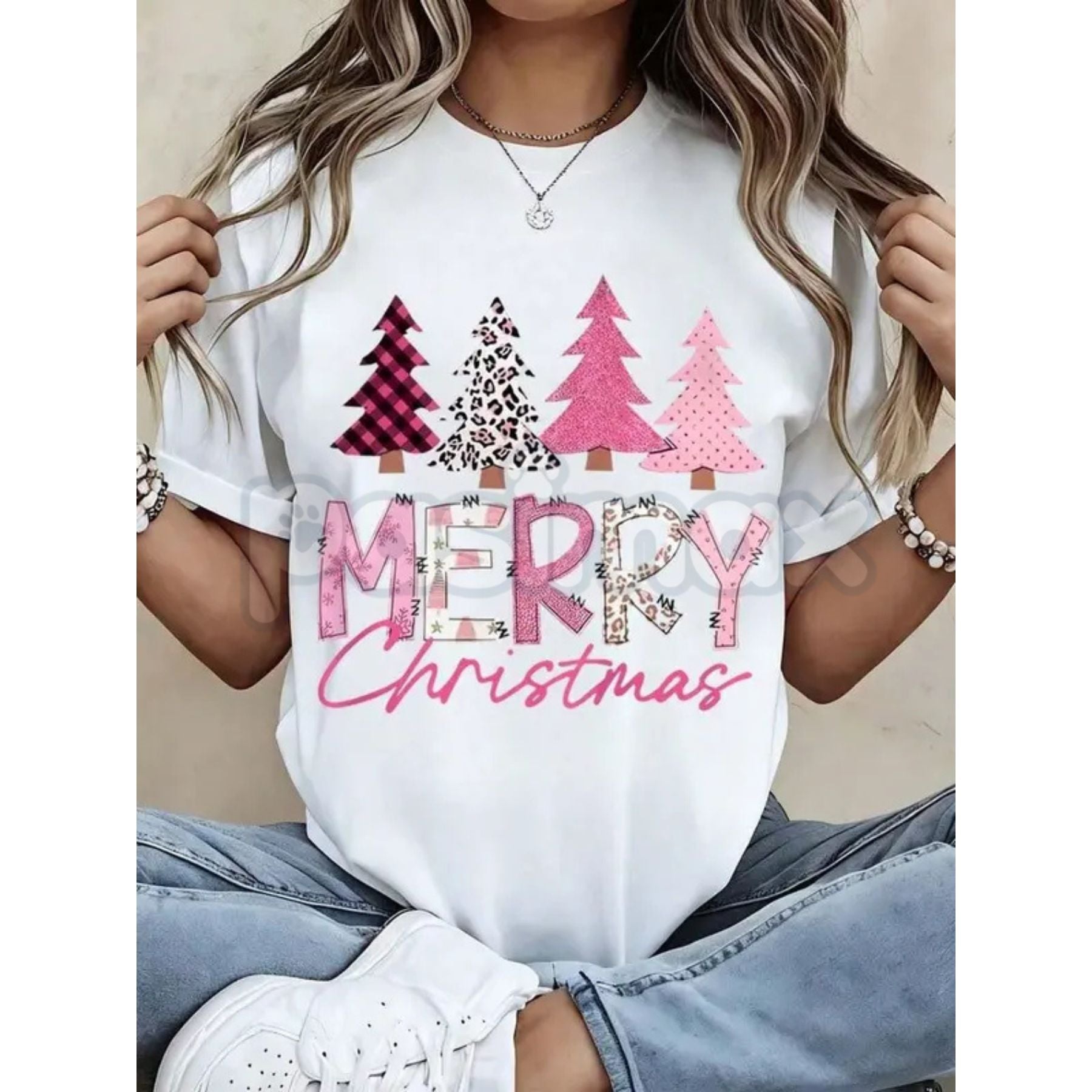 Leopard Print Pink Plaid Christmas Trees T-Shirt - Glam Holiday Statement Tee, Maximalist Festive Fashion for Women, Edgy Seasonal Graphic - P's One-Stop Shop 