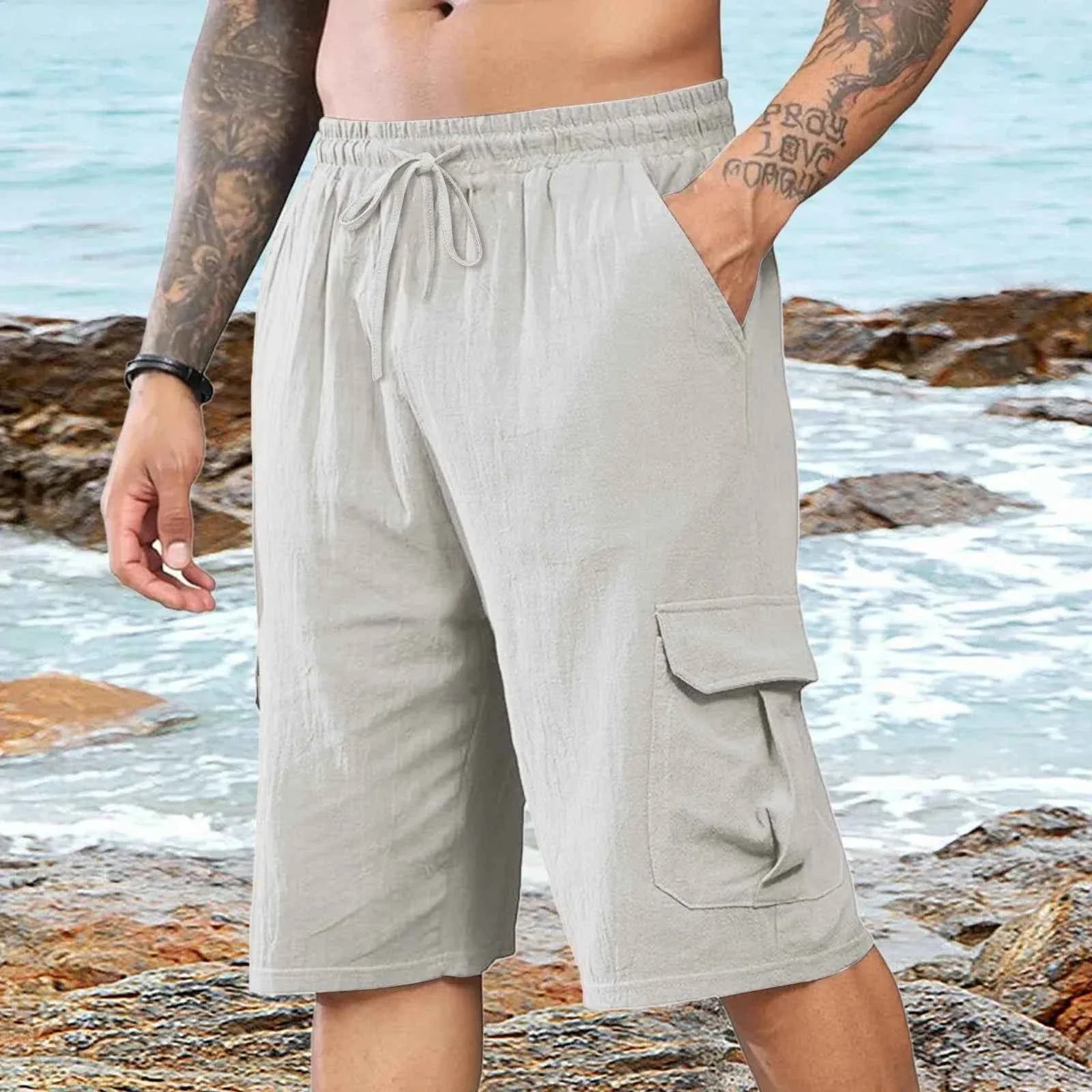 Men's Linen Casual Elastic Waist Beach Shorts - P's One-Stop Shop 