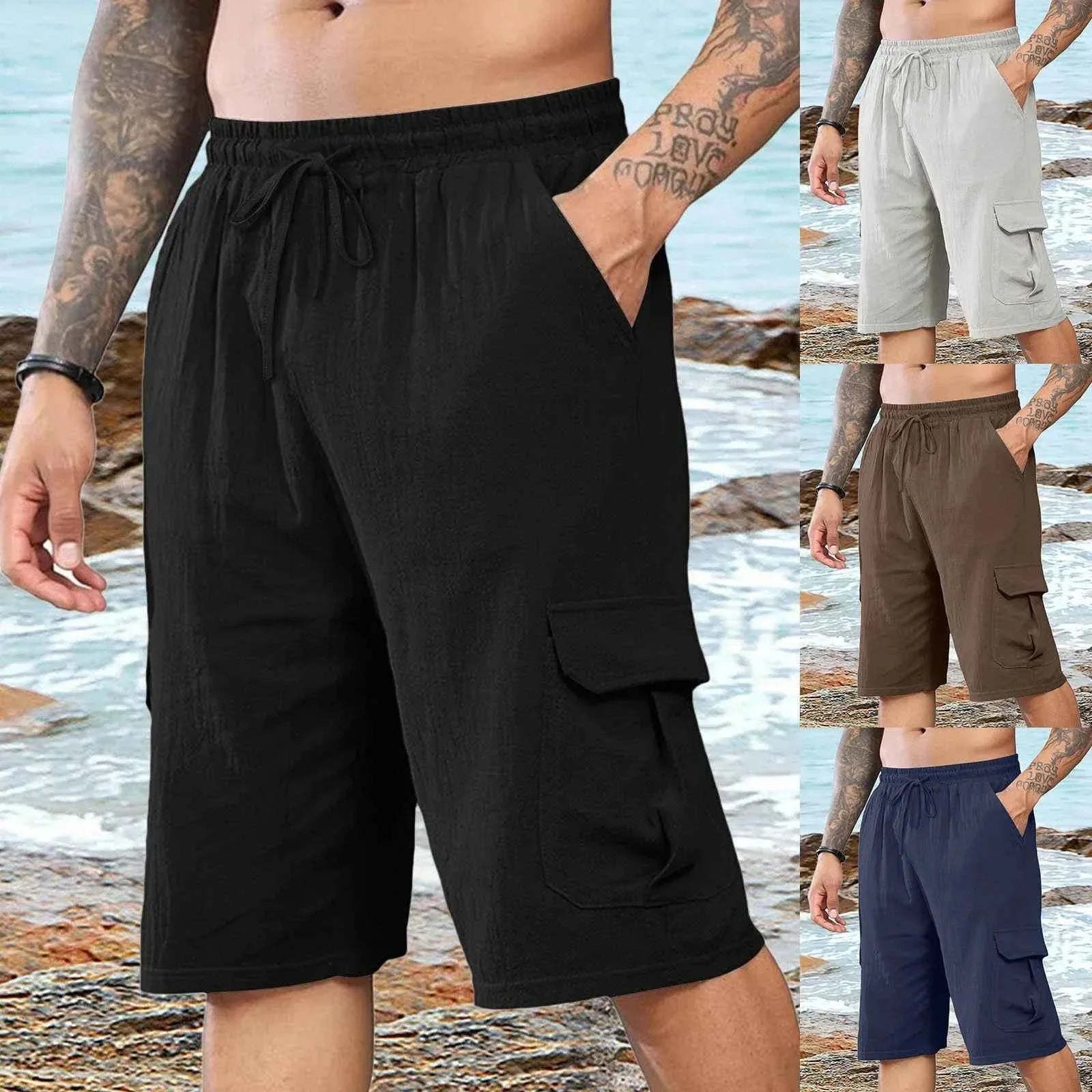 Men's Linen Casual Elastic Waist Beach Shorts - P's One-Stop Shop 