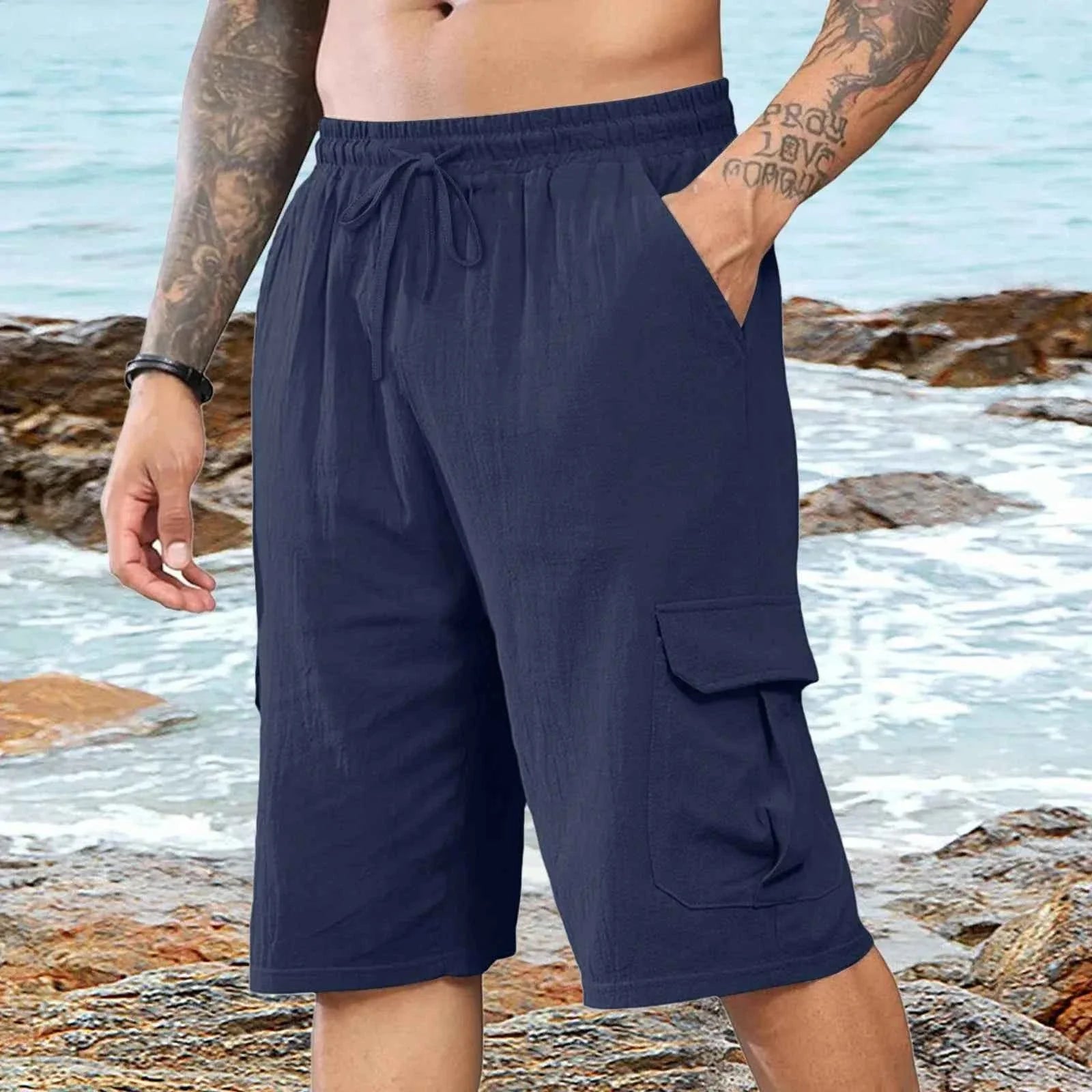 Men's Linen Casual Elastic Waist Beach Shorts - P's One-Stop Shop 