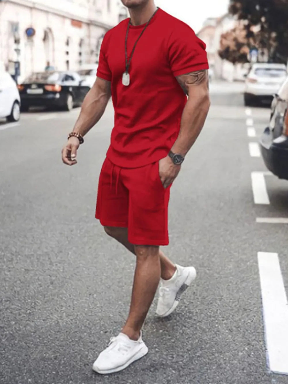 Men's Plus Size Round Neck Short Sleeve Top and Shorts Set - P's One-Stop Shop 