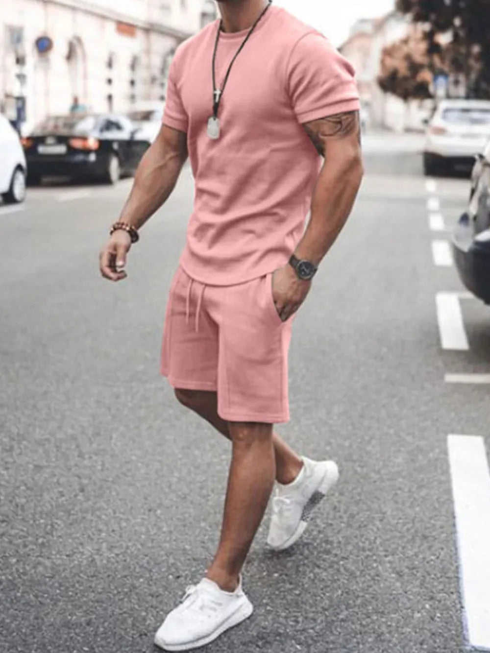 Men's Plus Size Round Neck Short Sleeve Top and Shorts Set - P's One-Stop Shop 