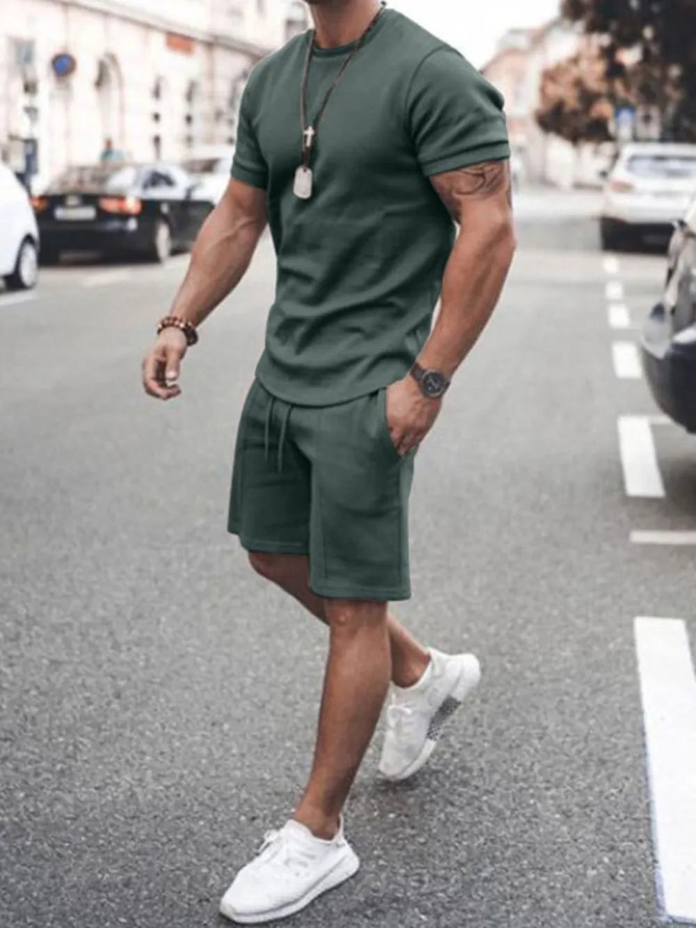 Men's Plus Size Round Neck Short Sleeve Top and Shorts Set - P's One-Stop Shop 
