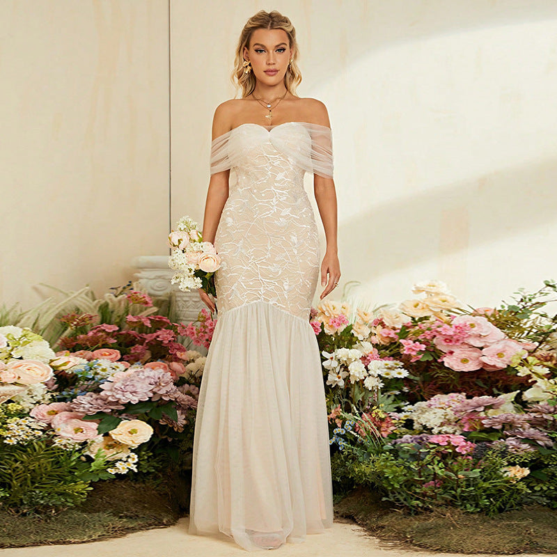 Off Shoulder Light Wedding Dress French Lace Fishtail Wedding Veil Simple Graceful Super Fairy Mori Welcome Dinner Dress - P's One-Stop Shop 