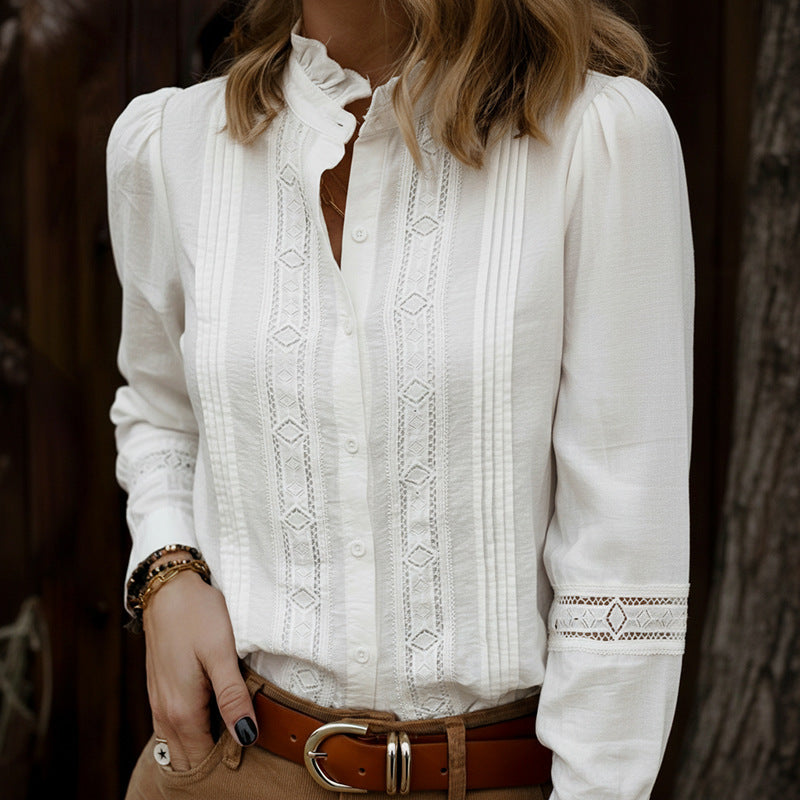 Office Stitching Lace Stand Collar Hollow Out Cutout out Long Sleeve White Shirt Women Autumn - P's One-Stop Shop 