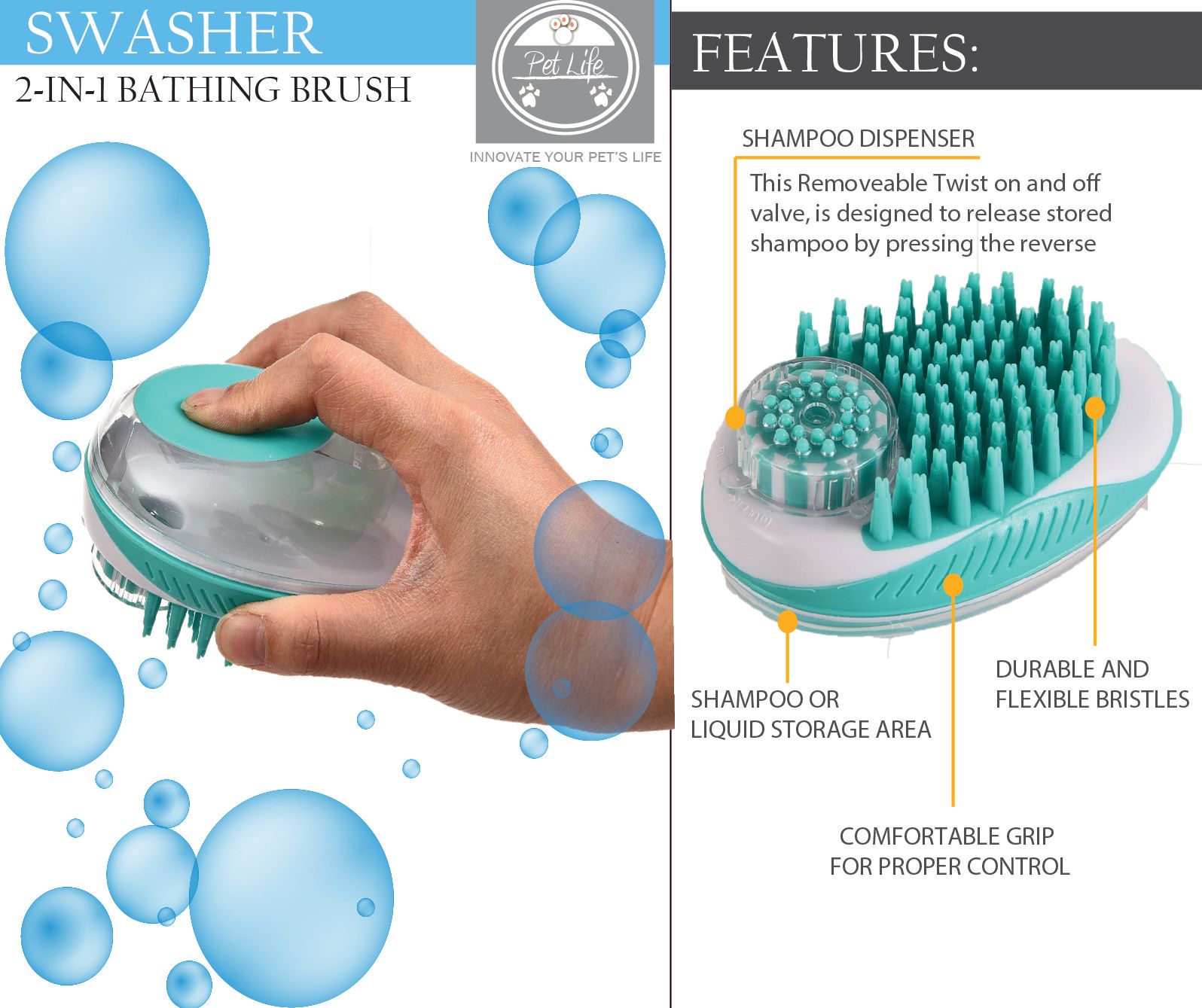 Pet Life ® 'Swasher' Shampoo Dispensing Massage and Bathing Brush - P's One-Stop Shop 