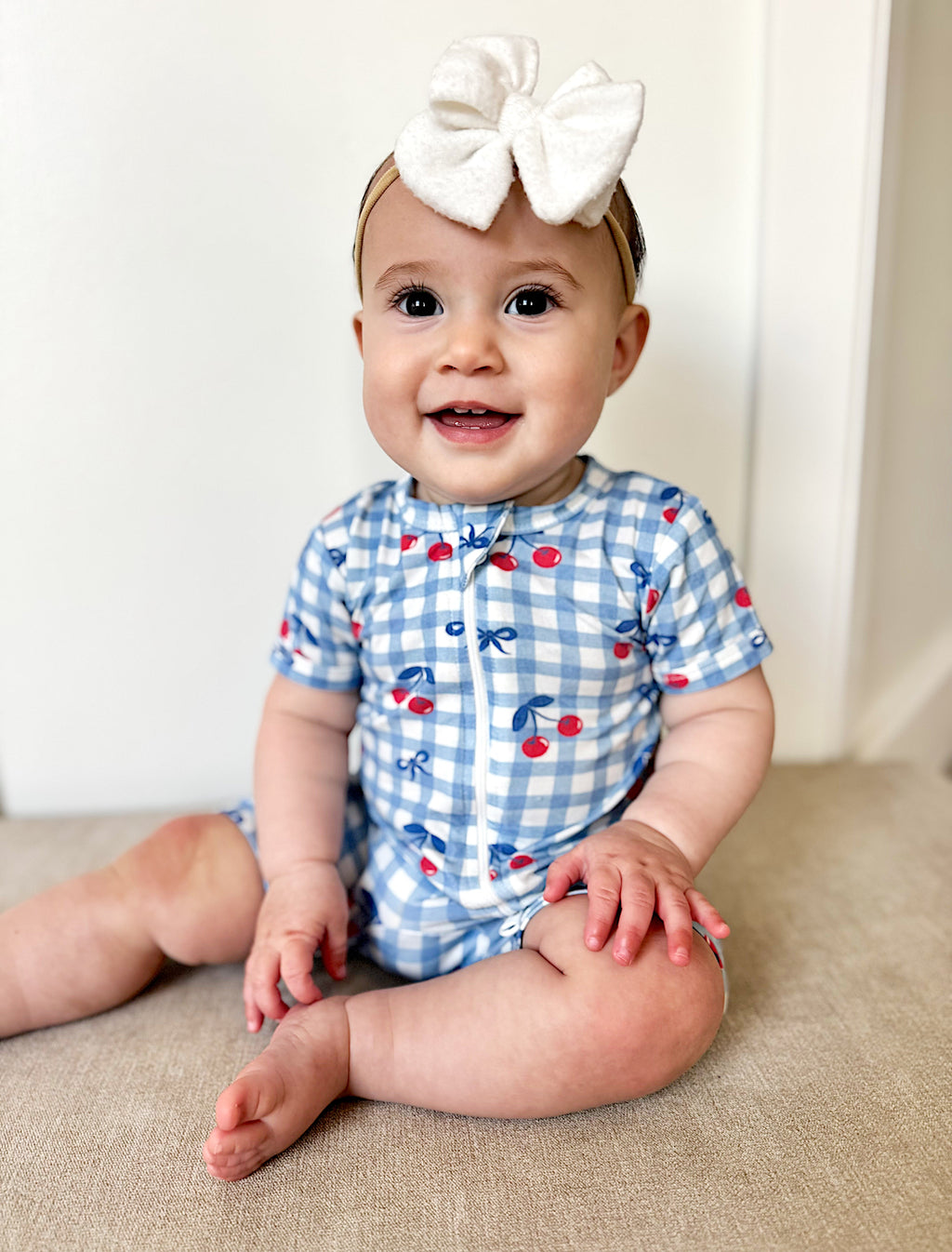 Red White & Blue Cherry Gingham Bamboo Shorty Pajamas - P's One-Stop Shop 