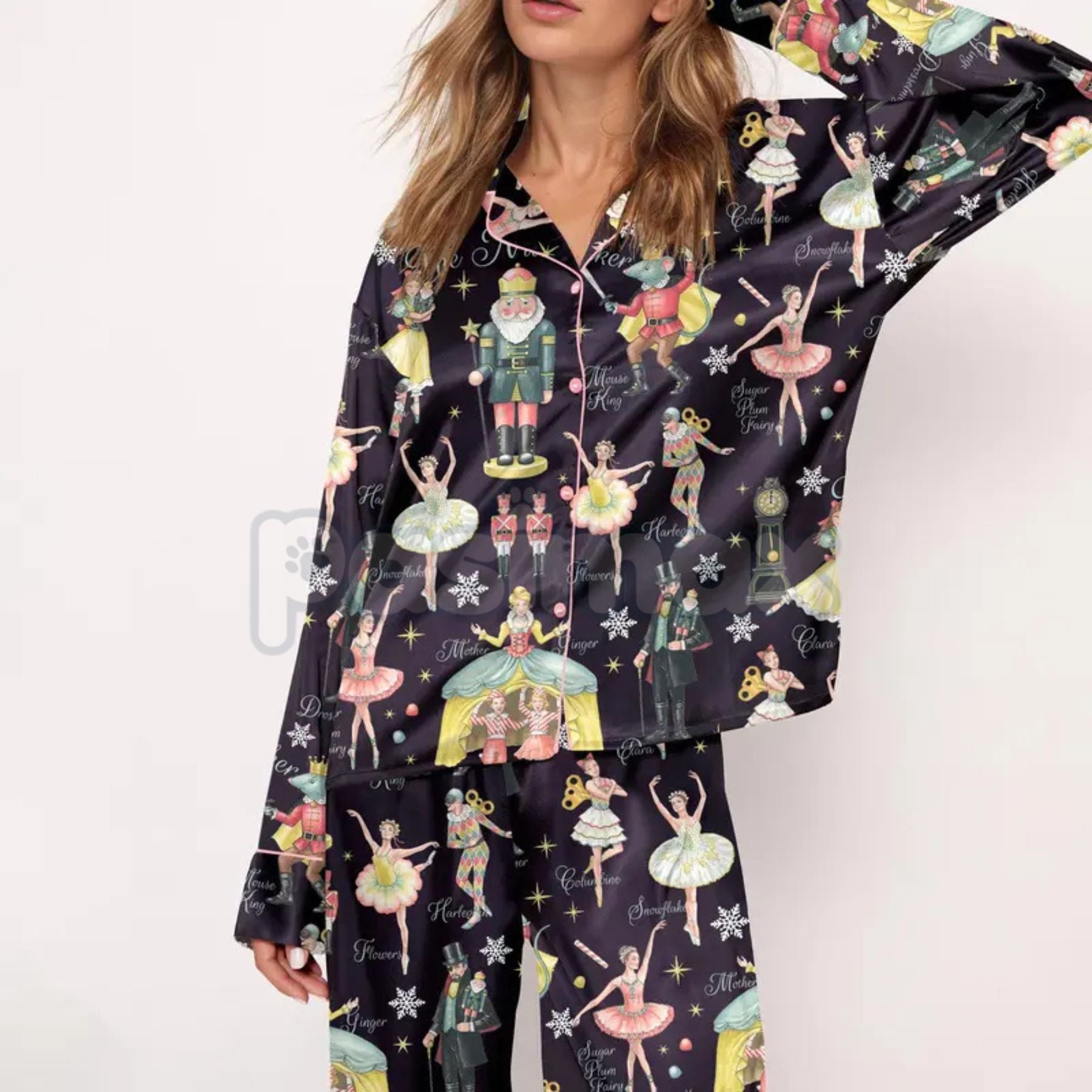 Silky Nutcracker Christmas Pajama Set for Women - Elegant Ballet Print Loungewear & Holiday Sleepwear - P's One-Stop Shop 