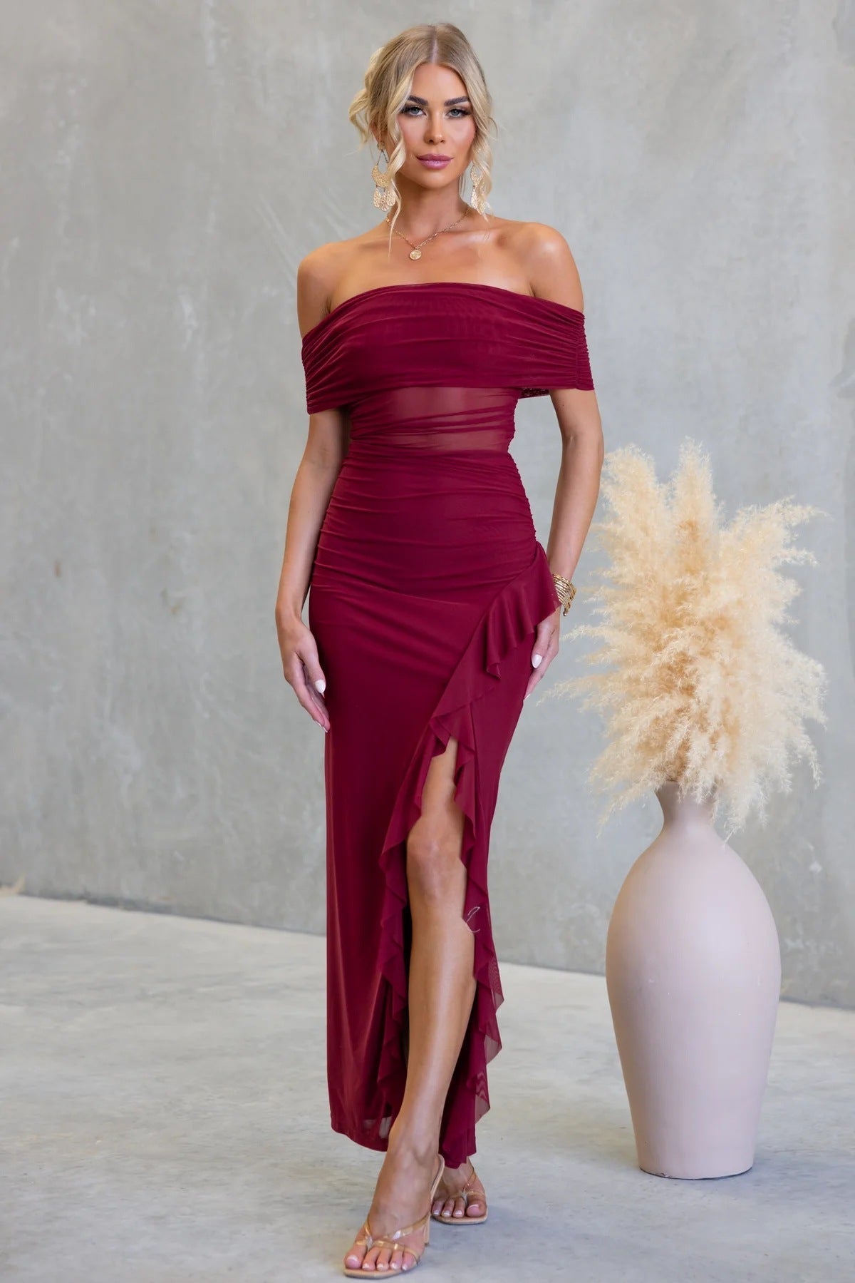 Split Ruffled Solid Color Hollow Out Cutout Mesh Sheath Dress - P's One-Stop Shop 