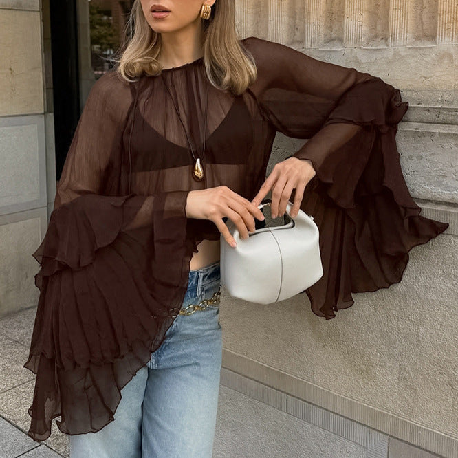 Spring Arrival Women Clothing round Neck Ruffle Sleeve Gentle Loose Chiffon Shirt - P's One-Stop Shop 