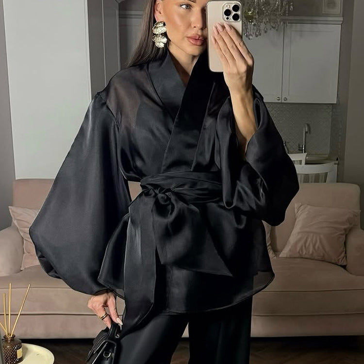 Spring French Black See through Shirt Women Puff Sleeve V neck Lace up Top - P's One-Stop Shop 